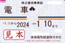 南海電気鉄道　株主優待乗車証　定期券式(電車全線)　2025年1月10日まで