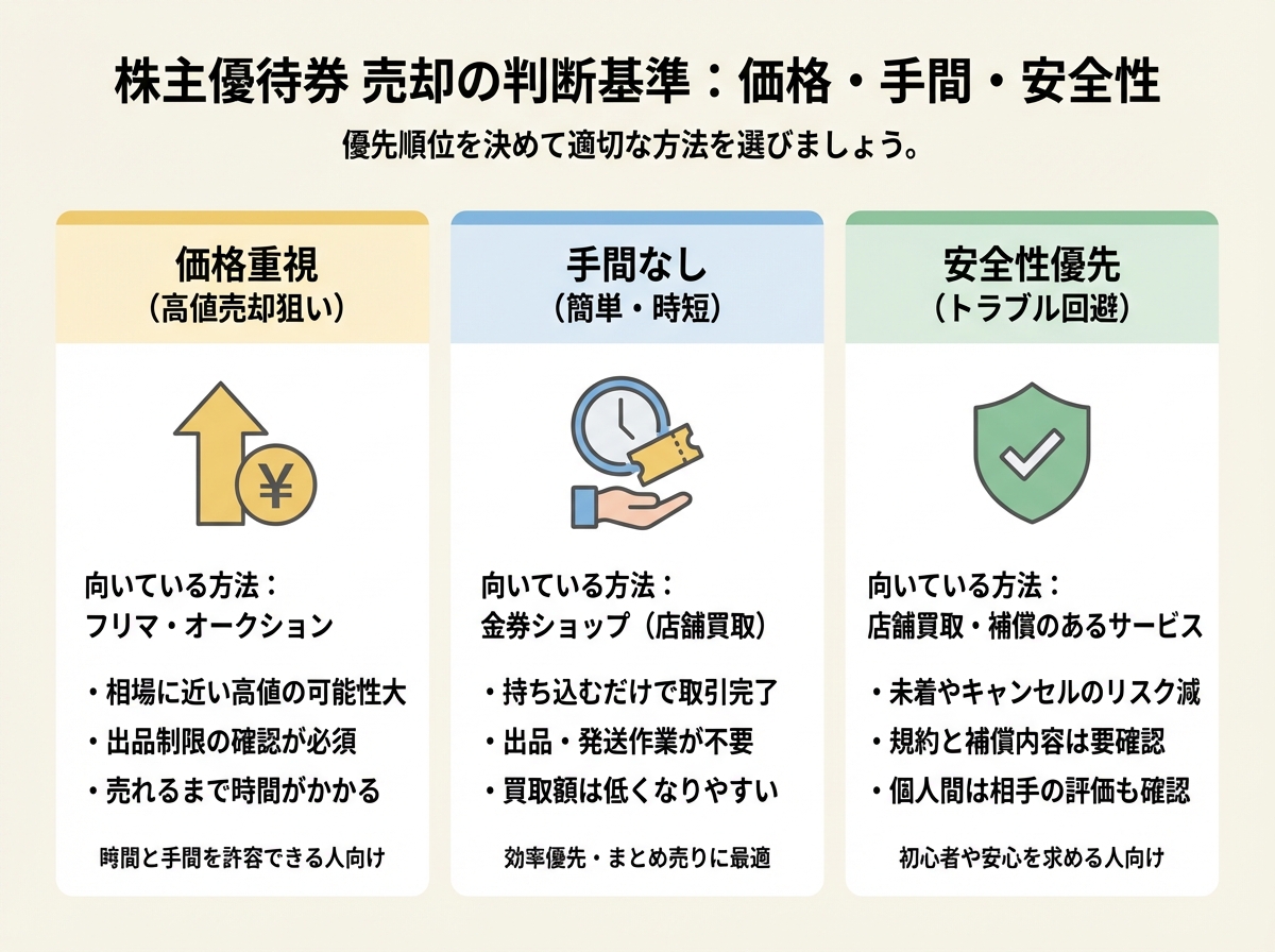 株主優待券を売却する際の価格・手間・安全性の3つ