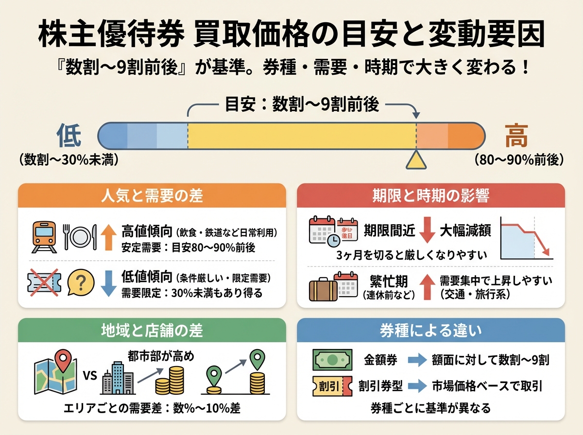 株主優待券の買取価格の目安は「数割〜9割前後」が一つの基準