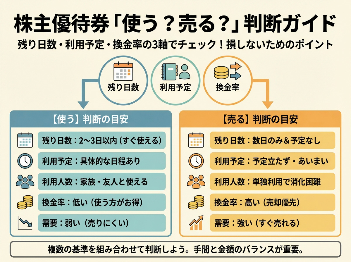 株主優待券を使うか売るかは、残り日数・利用予定・換金率の3軸で判断する
