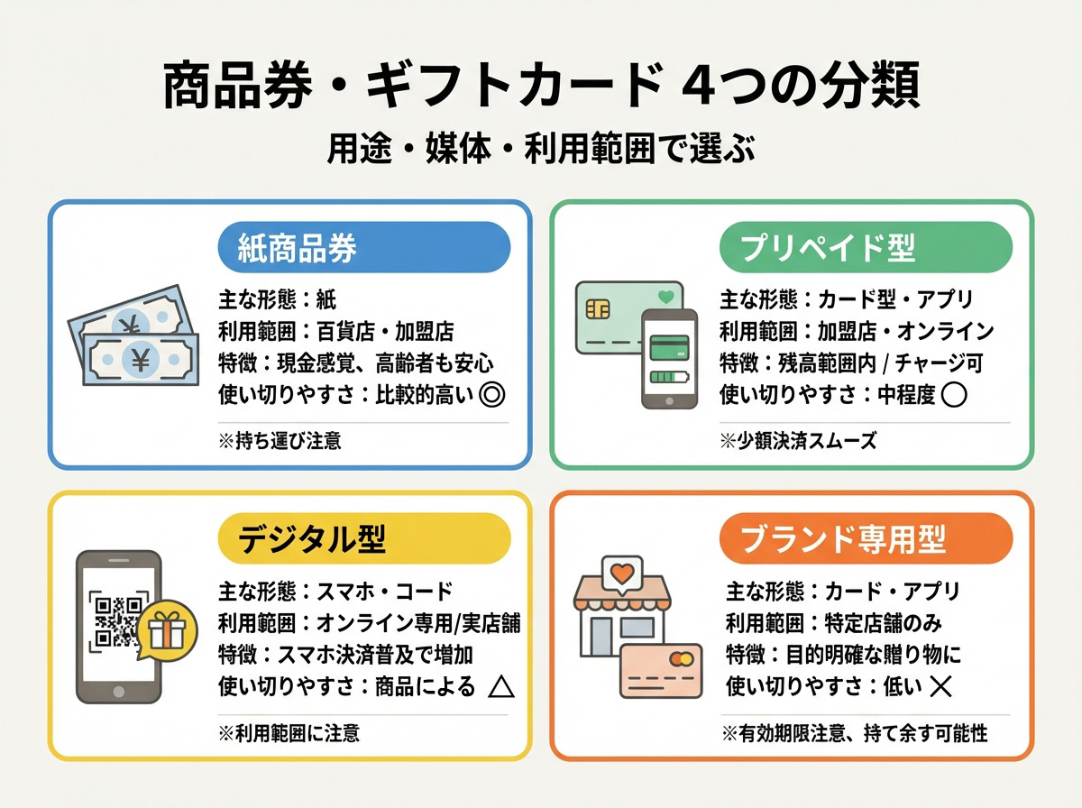 商品券・ギフトカードは用途別に4種類に分類できる