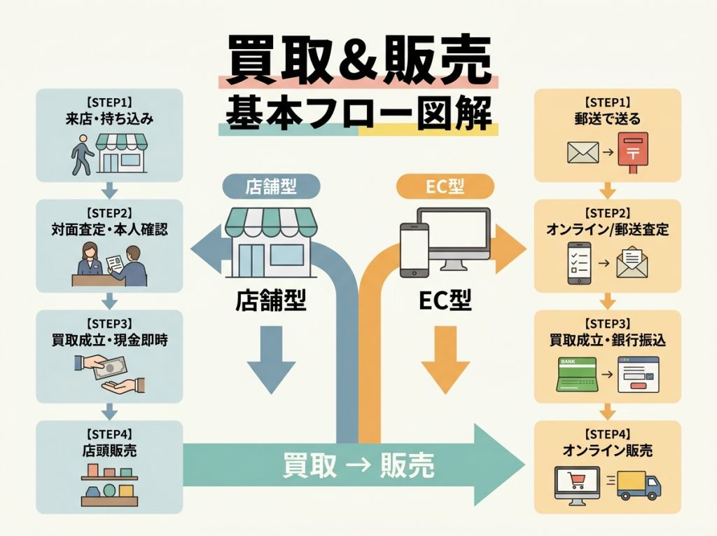 買取受付から査定、本人確認、販売までの基本フローと店舗型/EC型の分岐