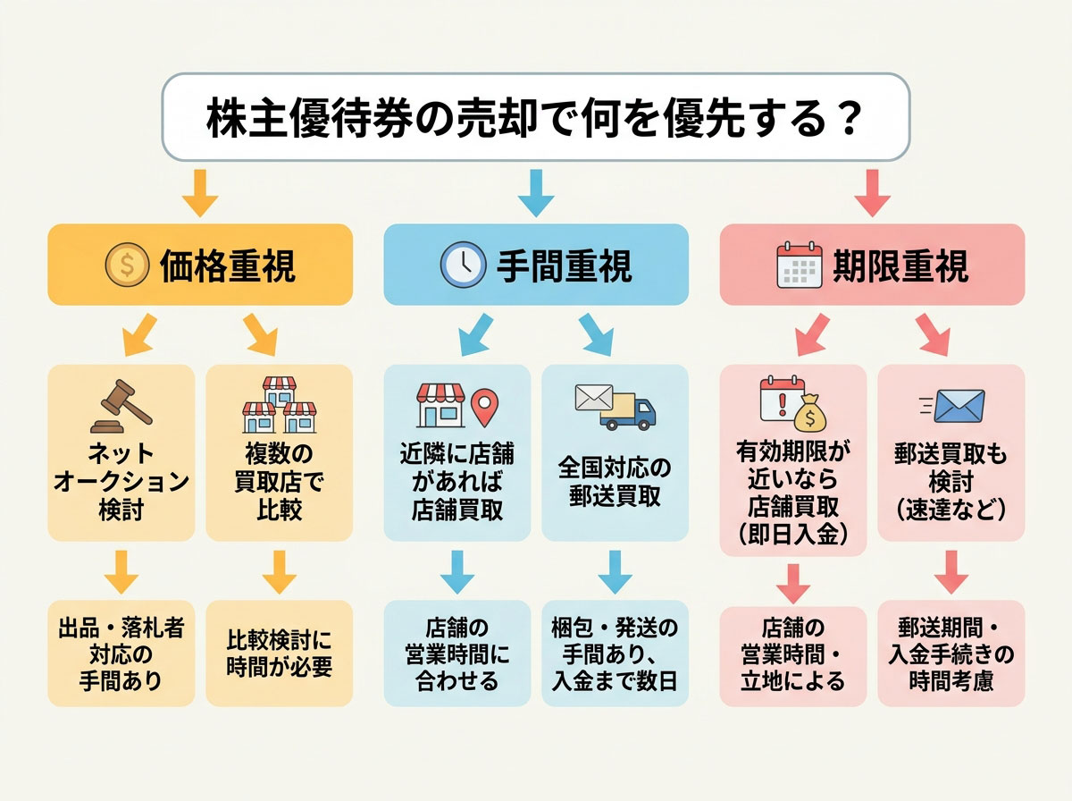 価格重視・手間重視・期限重視で分岐する売却先選択フロー