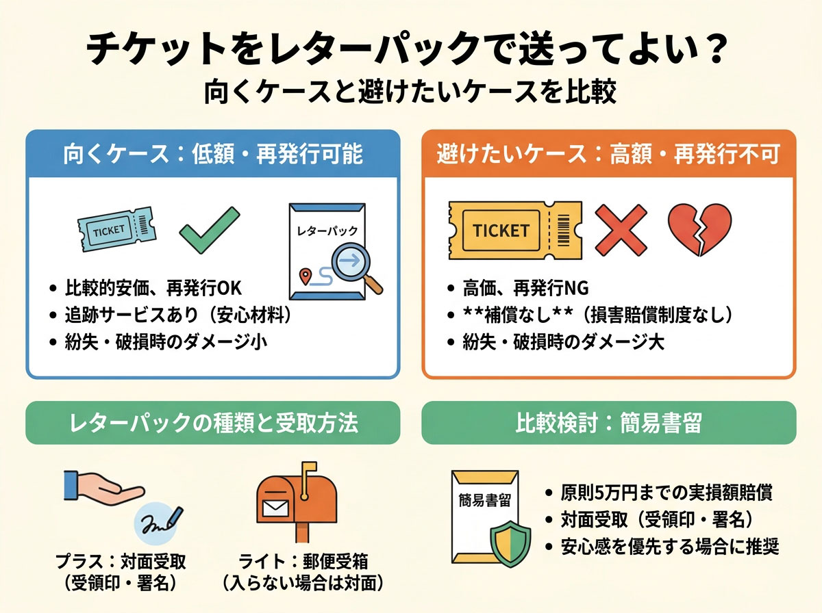 チケットをレターパックで送ってよい?向くケースと避けたいケースを比較