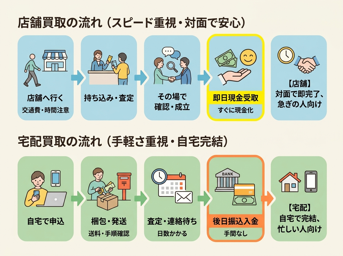 店舗買取と宅配買取の開始から入金までの手順