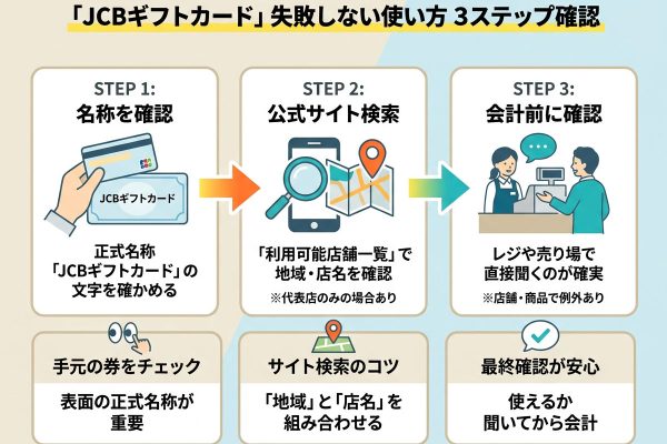 ジェイシービー商品券はJCBギフトカード｜使えるお店の調べ方と会計前の注意点