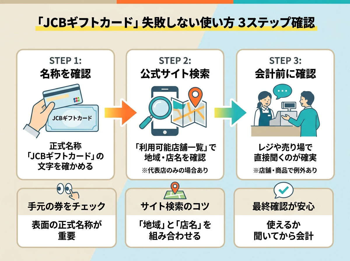 「JCBギフトカード」失敗しない使い方 3ステップ確認