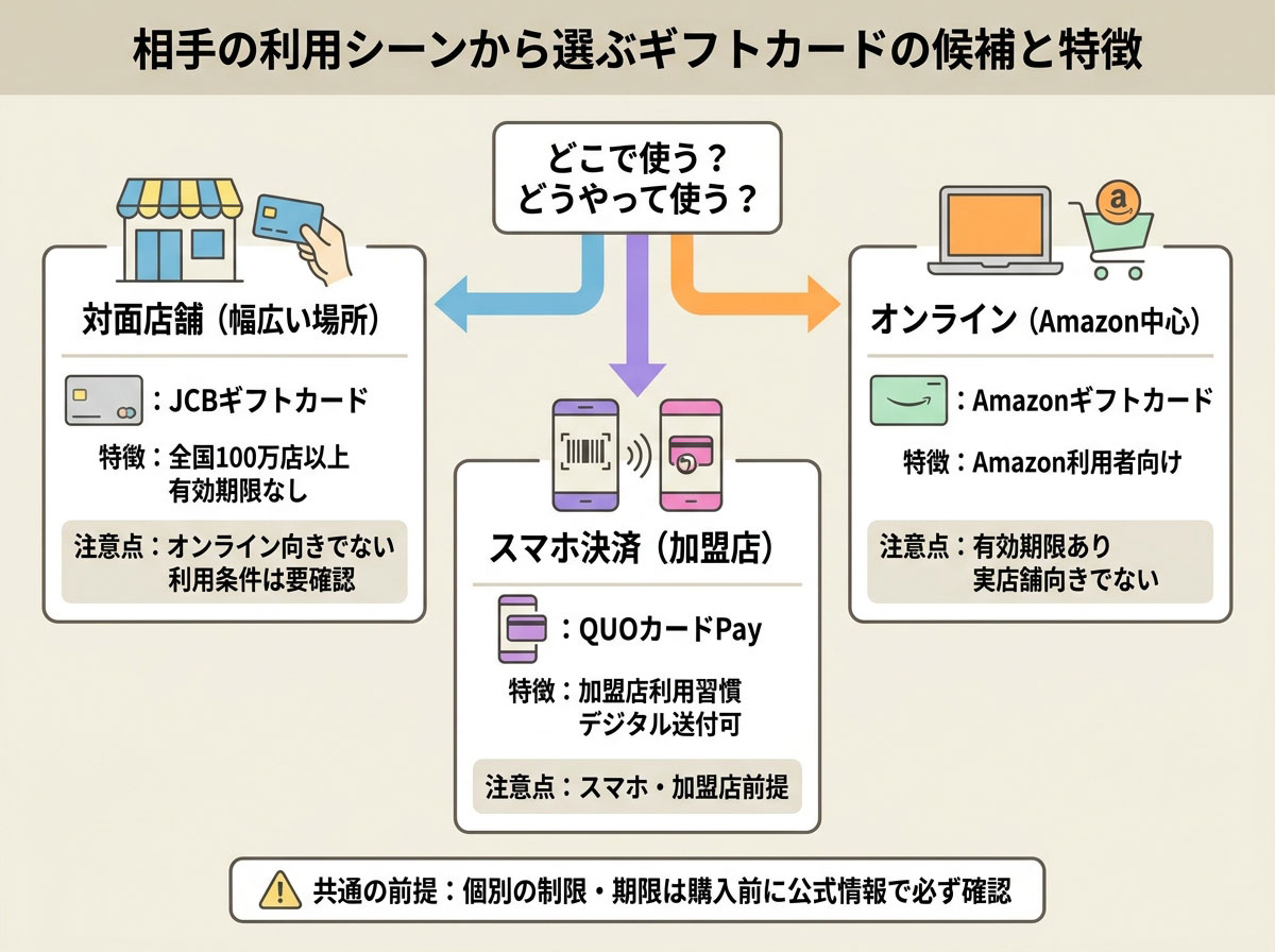 相手の利用シーンから選ぶギフトカードの候補と特徴