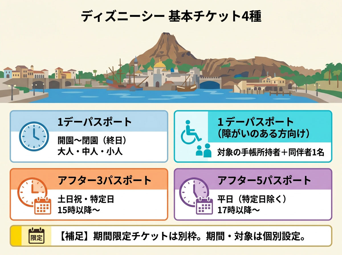 ディズニーシー基本チケット4種