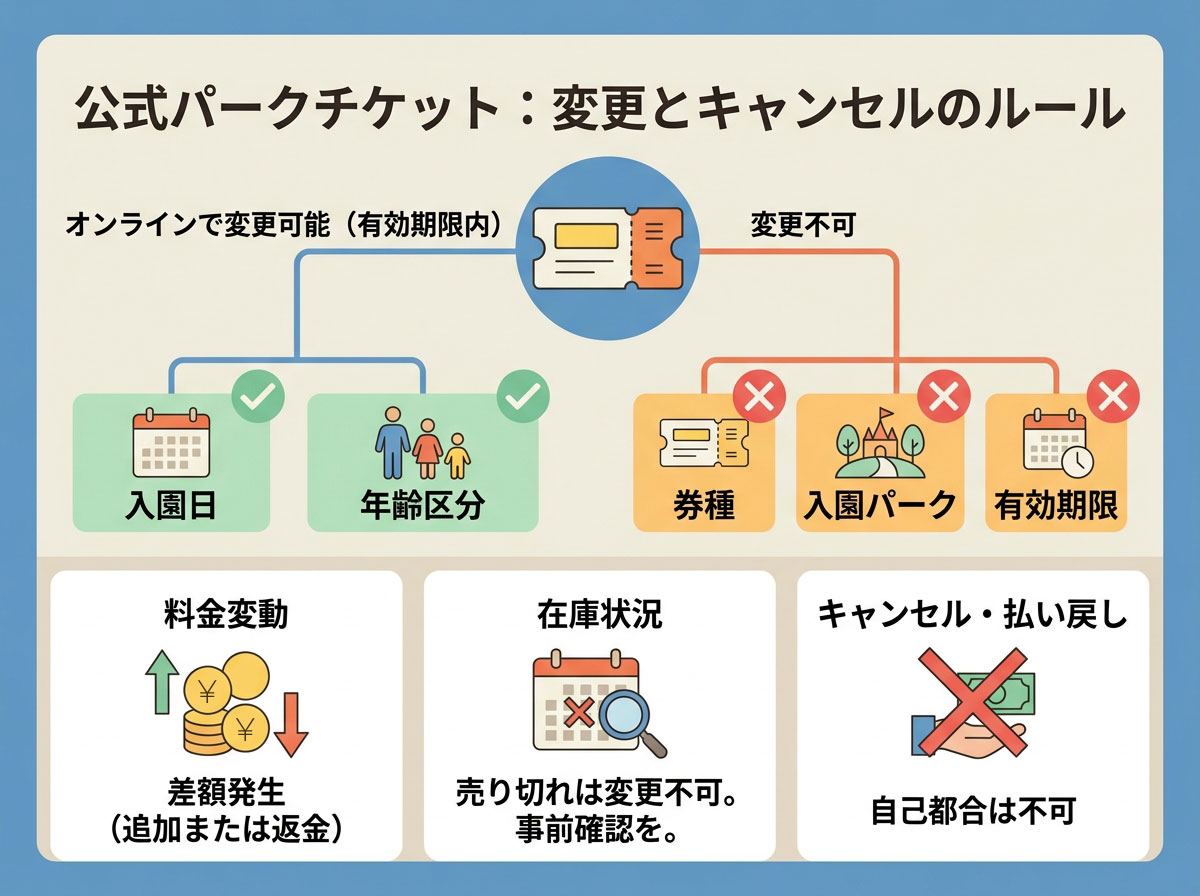 公式パークチケット：変更とキャンセルのルール