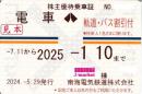 南海電気鉄道　株主優待乗車証　定期券式(電車・バス全線)　2025年1月10日まで