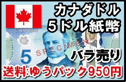 カナダドル(CAD)　5ドル紙幣 (バラ売り:1～20枚まで) 【※送料:ゆうパック950円】