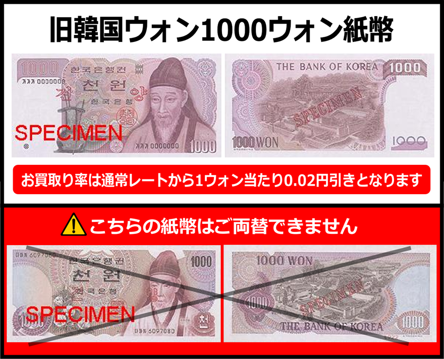 旧紙幣】韓国ウォン(KRW) 1,000ウォン紙幣 の買取｜金券ショップ J
